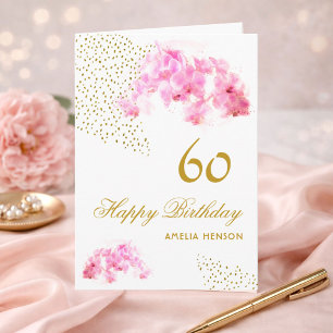Carte Orchidée Rose Aquarelle Paillettes Or 60e Annivers