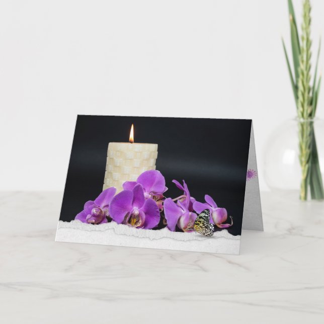 Carte orchidées roses et bougie avec papillon de sympath (Devant)