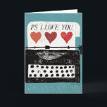 Carte Ordinateur de bureau vintage - Machine à écrire<br><div class="desc">© Michael Mullan / Wild Apple. Une vieille machine à écrire en noir et blanc avec un arrière - plan bleu. Les mots PS I Love Vous pouvez être vu sur l'image.</div>