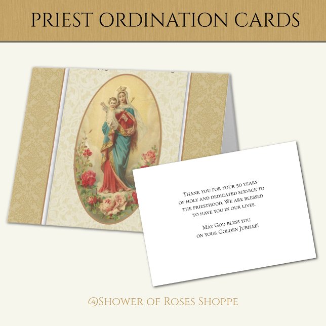 Carte Ordination du 50e anniversaire Vierge Marie (Beautiful Catholic Priest Deacon ordination cards - Easy to personalize!)