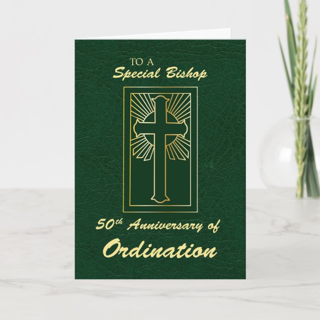 Carte Ordination évêque 50e anniversaire Cuir vert (Devant)