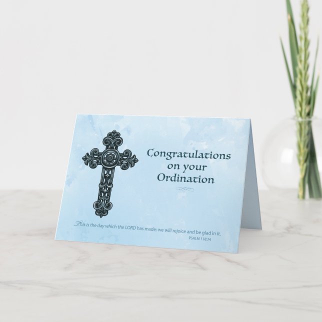 Carte Ordination Félicitations Ornate Cross Blue (Devant)