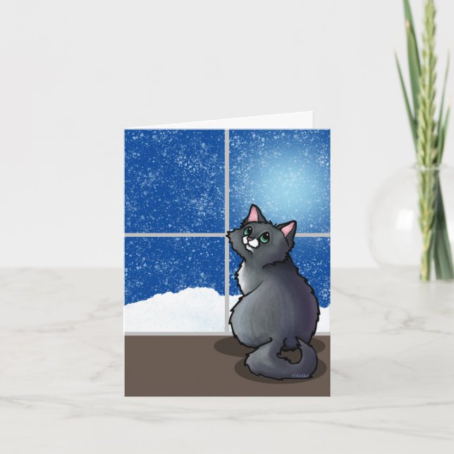 Carte Oreiller décoratif chat gris fenêtre enneigée (Devant)