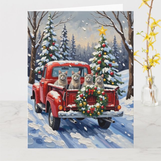 Carte Oriental Blue Cat Christmas Red Truck Holiday (Fleur jaune)