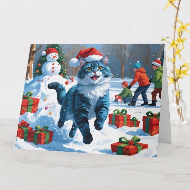 Carte Oriental Blue Chat assis dans le Casquette de Noël (Fleur jaune)