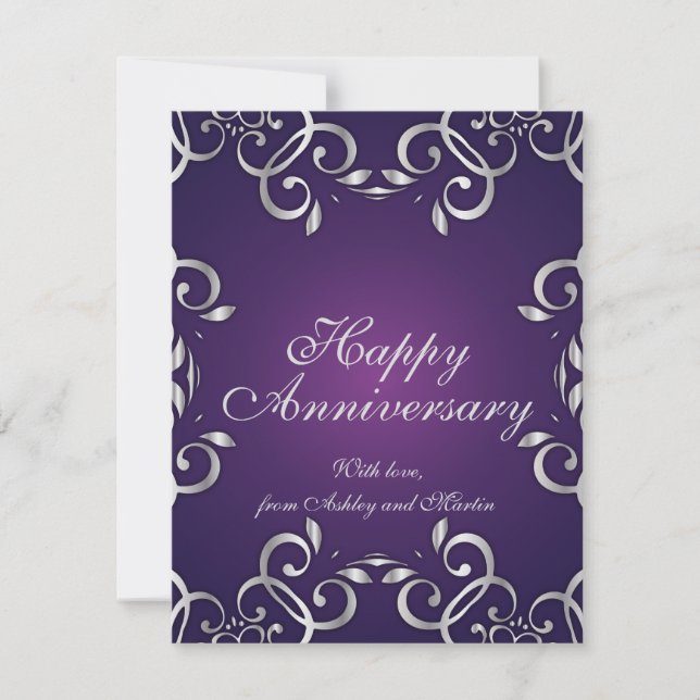Carte Ornat Élégant Argent Et Violet Joyeux Anniversaire (Devant)