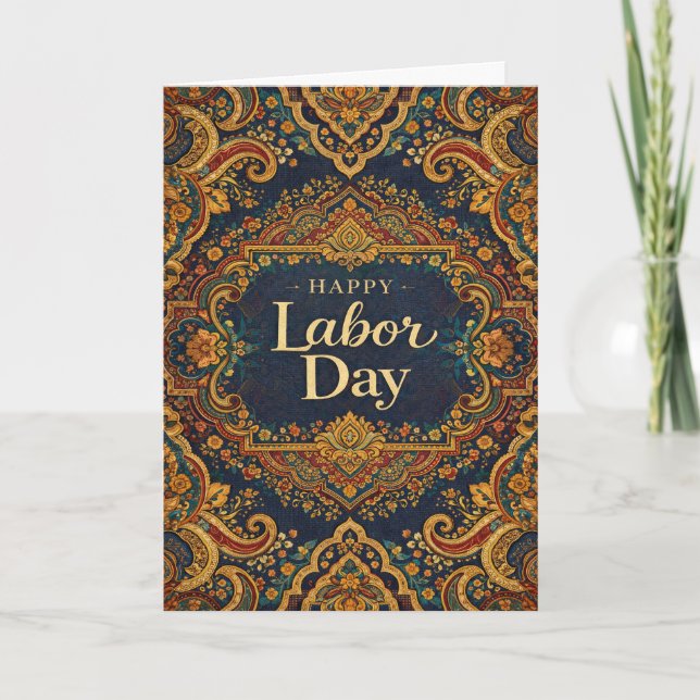 Carte Ornate Blue Gold Scrollwork Happy Labor Day (Devant)