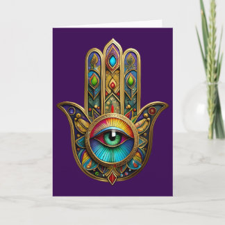 Carte Ornate Gold Colorful Hamsa Green on Red Third Eye
