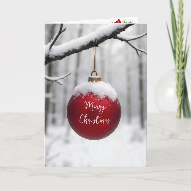 Carte Ornement de Noël rouge sur branche enneigée (Devant)