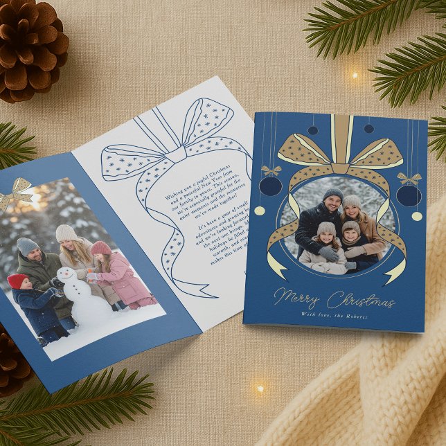 Carte Ornement de Noël unique Bow en ruban deux photos (elegant whimsical bows and Christmas ornament photo holiday greeting cards in blue & cream)