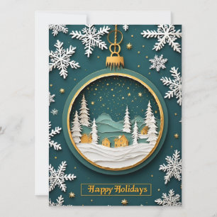 Carte 🎁 Ornement de village d'hiver doré Vert festif