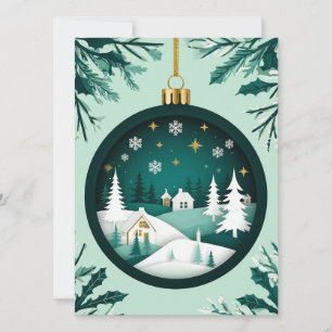 Carte 🎄 Ornement Vert Festif Flocon de Neige Village d'