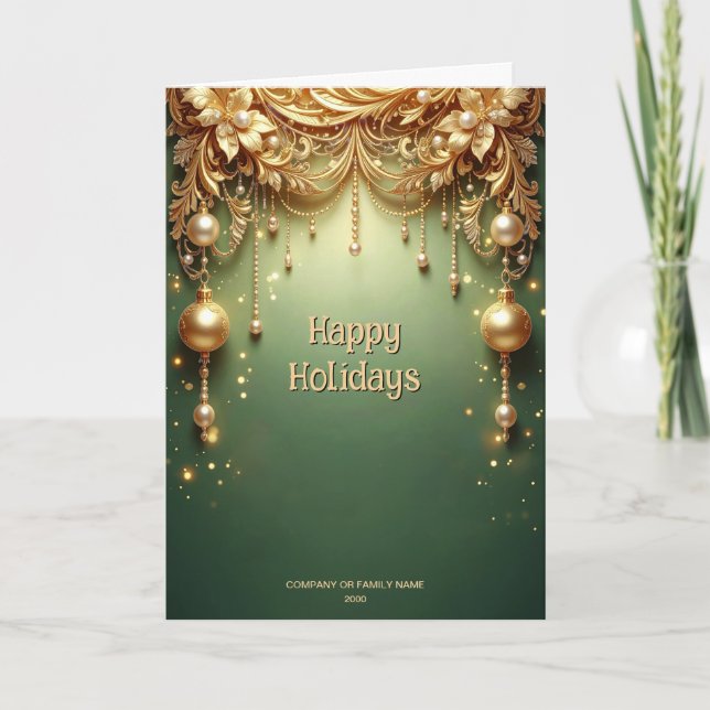 Carte Ornements Dorés Vert Festif de Fêtes (Devant)