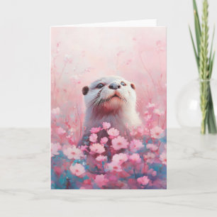 Carte Otter curieux dans une mer de pétales de fleurs do