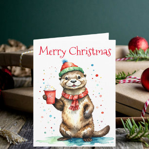Carte Otter de Noël Whimsical avec Casquette Festif