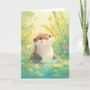 Carte Otter lunaire dans un étang à fleurs