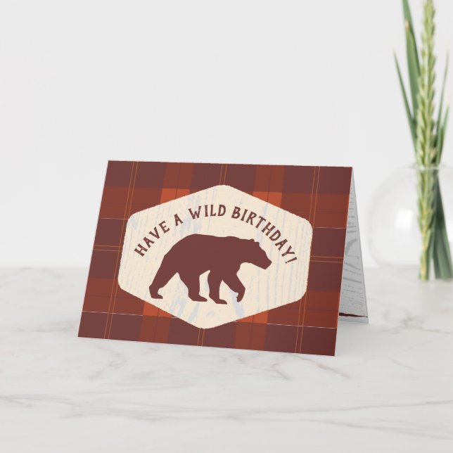 Carte Ourdoorsy Style Plaid Bear Birthday (Devant)