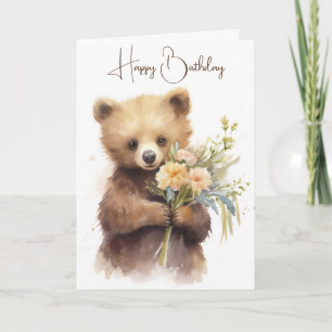 Carte Ours aquarelle avec Bouquet d'anniversaire