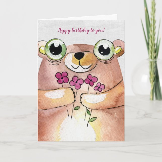 Carte Ours aquarelle d'anniversaire avec bouquet (Devant)
