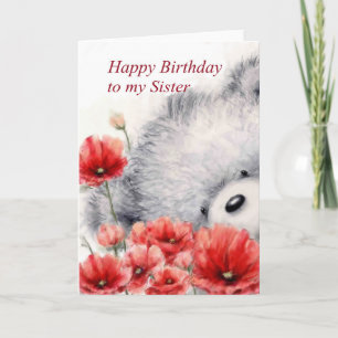 Carte Ours aux fleurs rouges, Bonne Soeur d'anniversaire