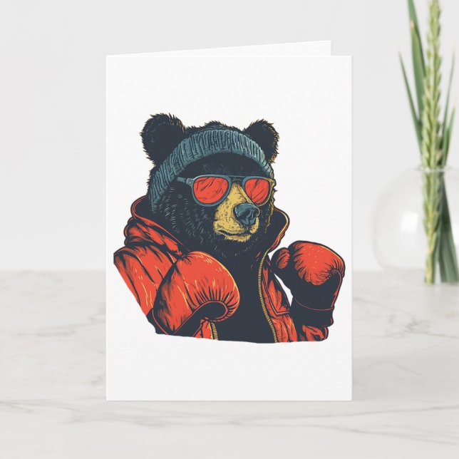 Carte Ours Cool Avec Lunettes De Soleil Et Gants De Boxe (Devant)