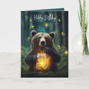 Carte Ours d'anniversaire avec des lucioles dans un pot