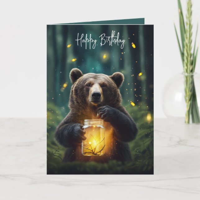 Carte Ours d'anniversaire avec des lucioles dans un pot (Devant)
