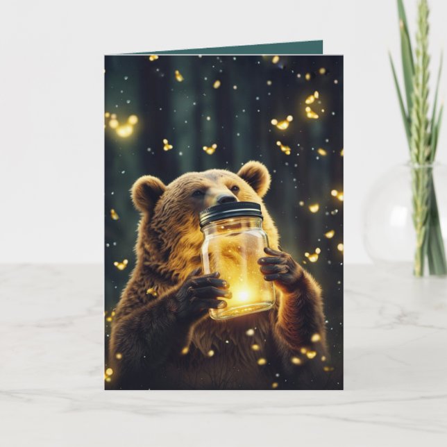 Carte Ours D'Anniversaire Avec Lucioles En Jar (Devant)