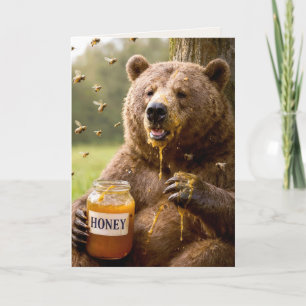 Carte Ours d'anniversaire mangeant du miel dans un pot