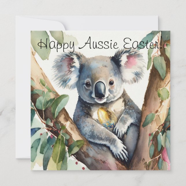 Carte Ours de Koala tenant un oeuf de Pâques d'or (Devant)