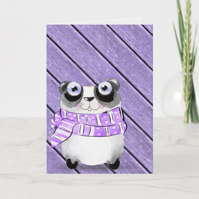 Carte ours de panda d'anniversaire sur bois pourpre (Devant)