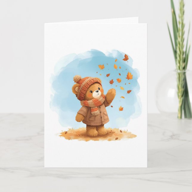 Carte Ours en peluche adorable attrapant des feuilles d' (Devant)