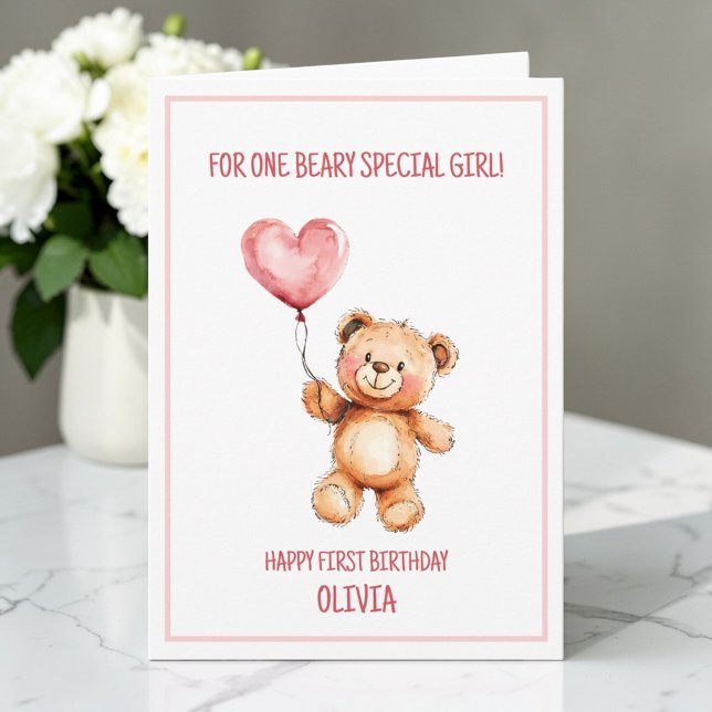 Carte Ours en peluche Cute Ballon Rose Joyeux 1er Annive (Teddy Bear Cute Pink Balloon Happy 1st Birthday Card)