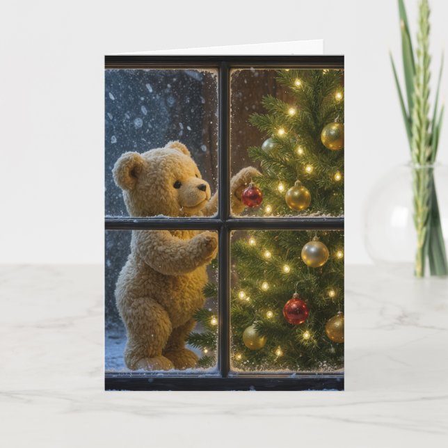 Carte Ours en peluche de Noël décorant un arbre (Devant)