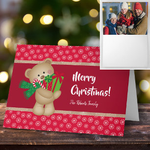 Carte Ours en peluche de Noël et photo de famille, rouge