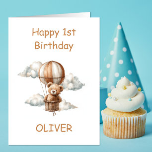 Carte Ours en peluche en montgolfière 1er anniversaire