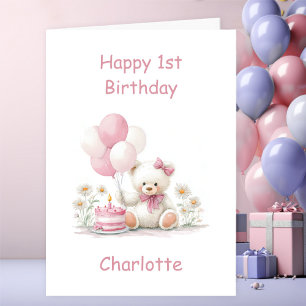 Carte Ours en peluche fille 1er anniversaire
