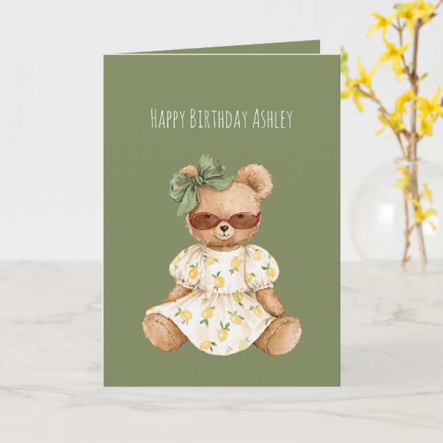 Carte Ours en peluche fille arc vert anniversaire (Fleur jaune)