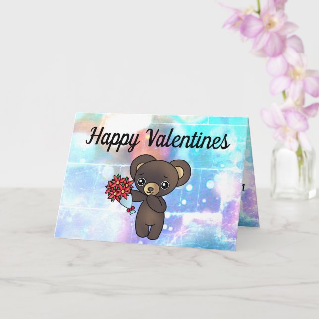 Carte Ours en peluche mignon avec fleurs pour Valentines (Orchidée)