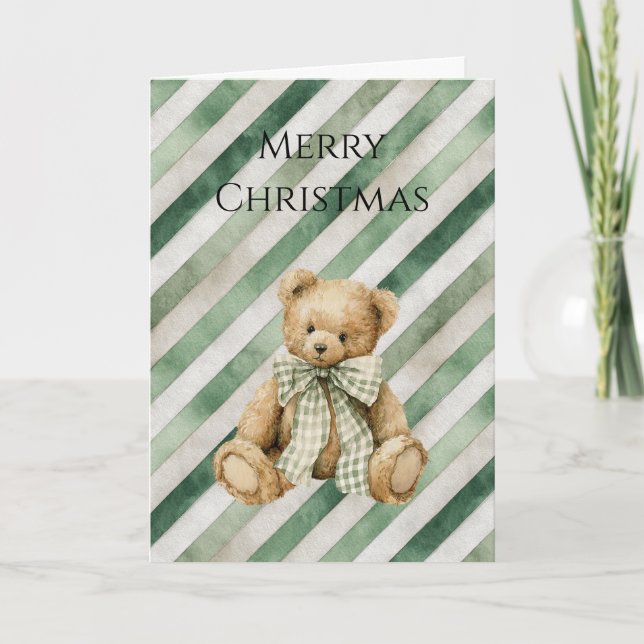 Carte Ours en peluche Noël rayures vert crème (Devant)
