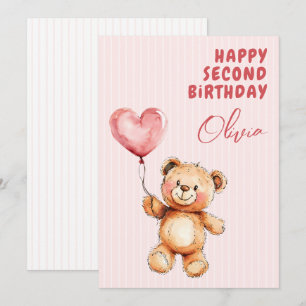 Carte Ours en peluche rose rayé ballon Joyeux 2ème anniv