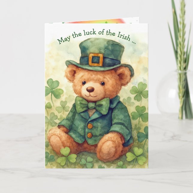 Carte Ours en peluche St. Patrick en aquarelle  (Devant)