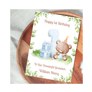 Carte ours en peluche verdure 1er anniversaire gar