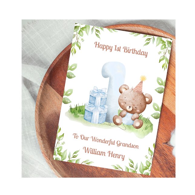 Carte ours en peluche verdure 1er anniversaire gar (Créateur téléchargé)