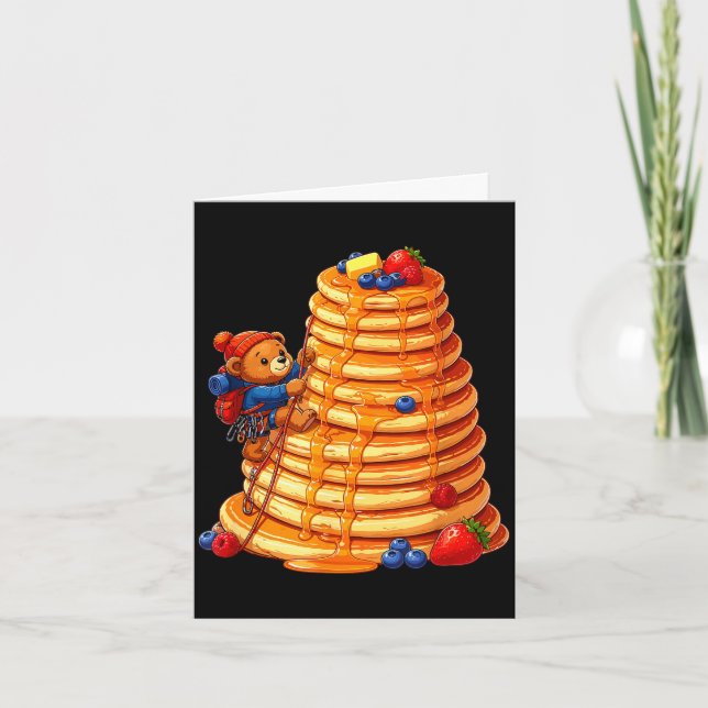 Carte Ours grimpeur sur pile de crêpes géantes petit-déj (Devant)