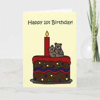 Carte ours jumeaux fille sur gâteau 1er anniversaire