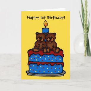 Carte ours jumeaux sur gâteau 1er anniversaire