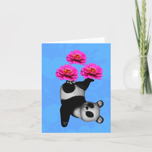 Carte Ours Panda jonglant avec des Zinnias roses Note (Devant)