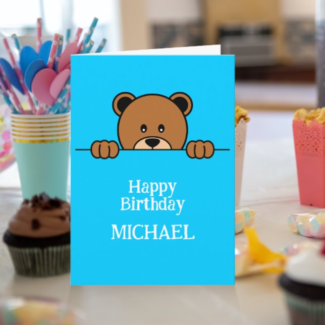 Carte Ours Peeping mignon | Caricature simple sur bleu (Créateur téléchargé)