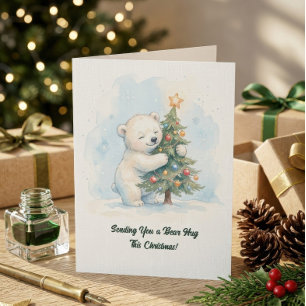 Carte Ours polaire adorable étreignant un arbre de Noël,